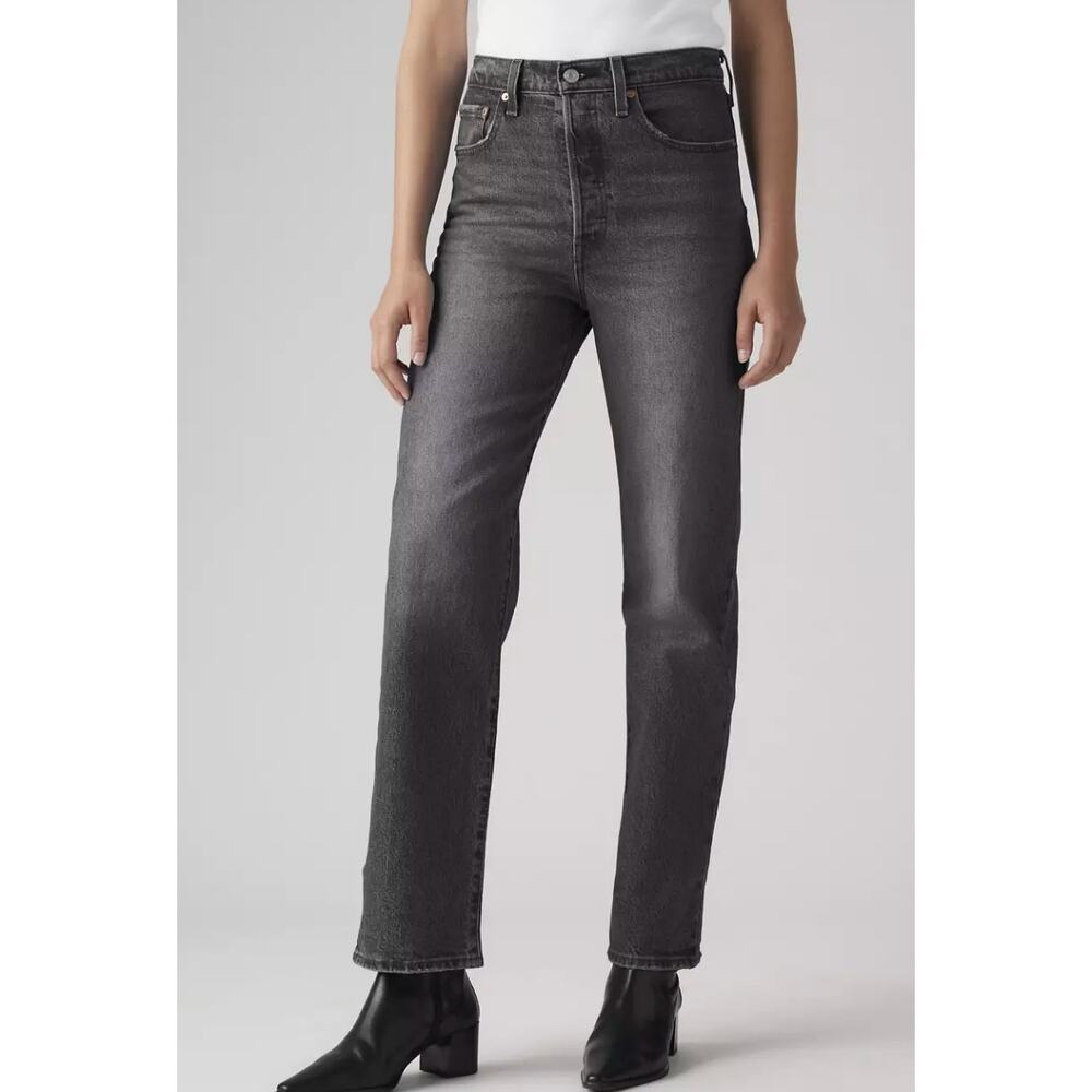 Levi’s Ribcage Straight Ankle Jeans Black High Rise Button Fly 30 Charcoal Wash